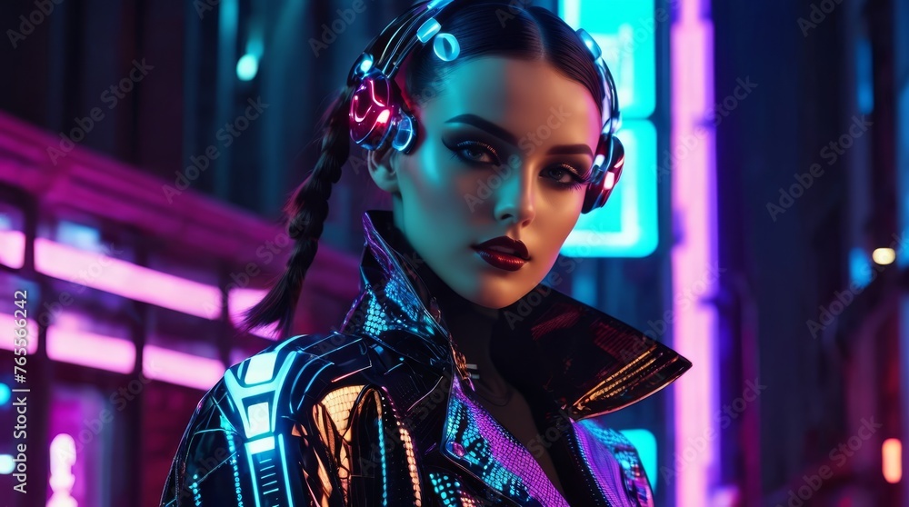  A woman stands in front of a neon-lit building, headphones on, with the reflection of neon lights illuminating her face This image is perfect for capturing attention and