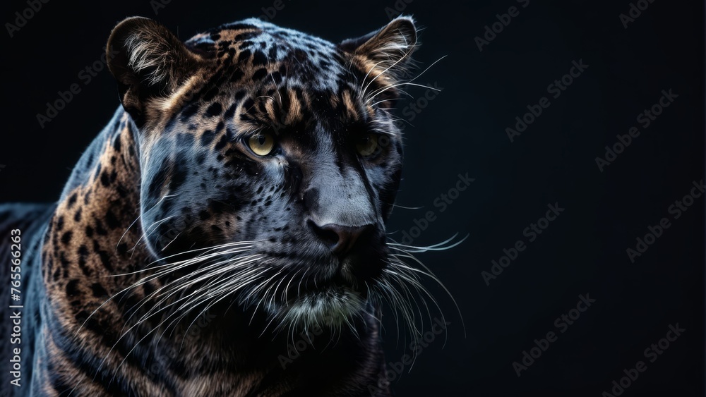  Focused close-up image of a leopard's face, captured against a black backdrop with subtle blurring effects