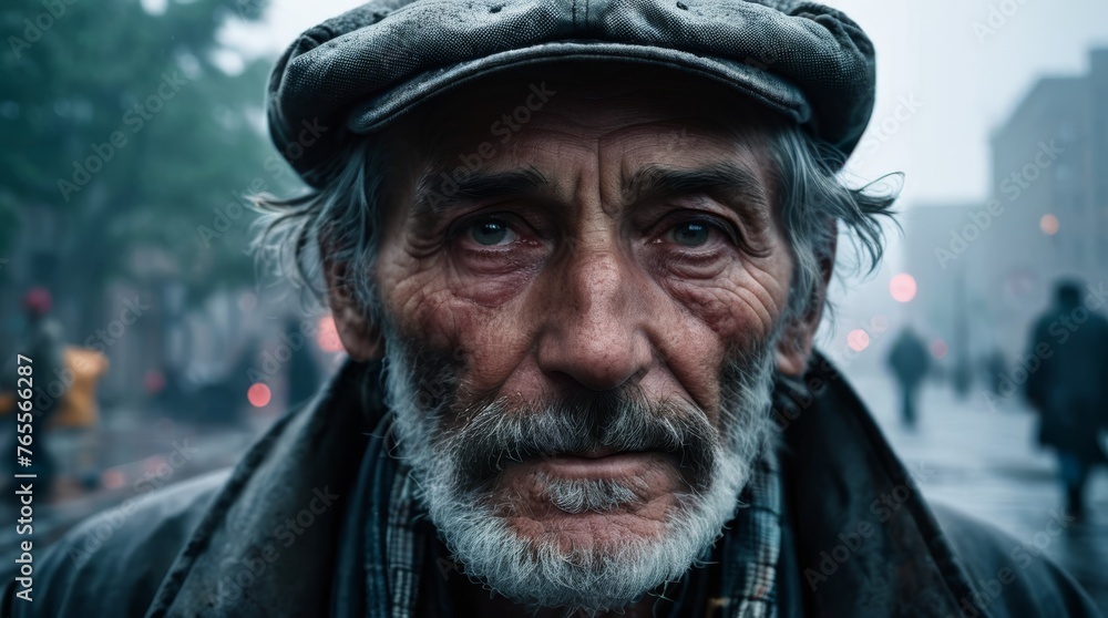 A man with a hat and beard on a city street, captured in close detail A man with a hat and beard on a city street, captured in close detail
