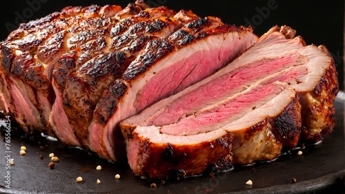  A succulent steak, expertly placed on a black platter with a sharp knife and a glass of rich red wine