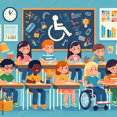 Children with different abilities study in the same class. Inclusive education. Equal rights.
