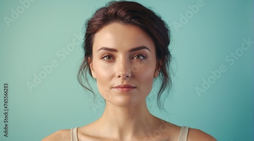  A woman wearing a tank top seriously stares into the camera, set against a blue backdrop for an SEO-optimized image caption