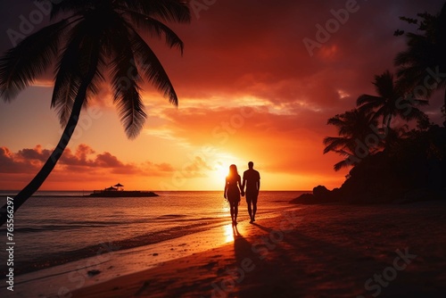 honeymoon travel silhouette of romantic couple on the beach 