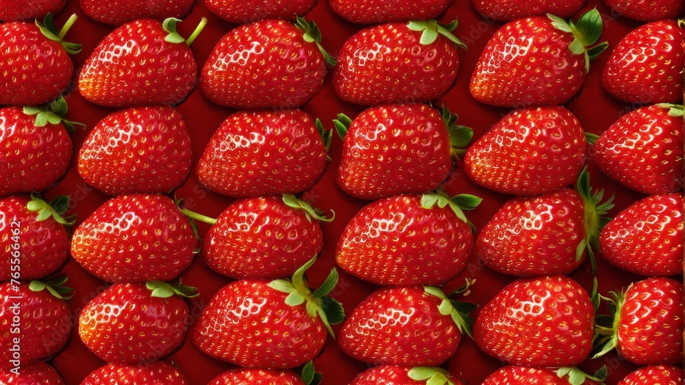 Strawberry Close-Up on Red Surface with Green Leaves - Optimized Text Strawberry Close-Up on Red Surface with Green Leaves - Optimized Text