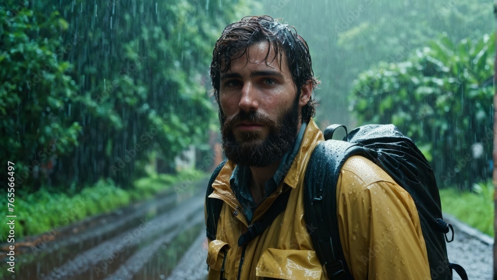  A man in the rain with a backpack on his shoulder and trees as a backdrop