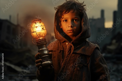 Lost child holding an old lamp