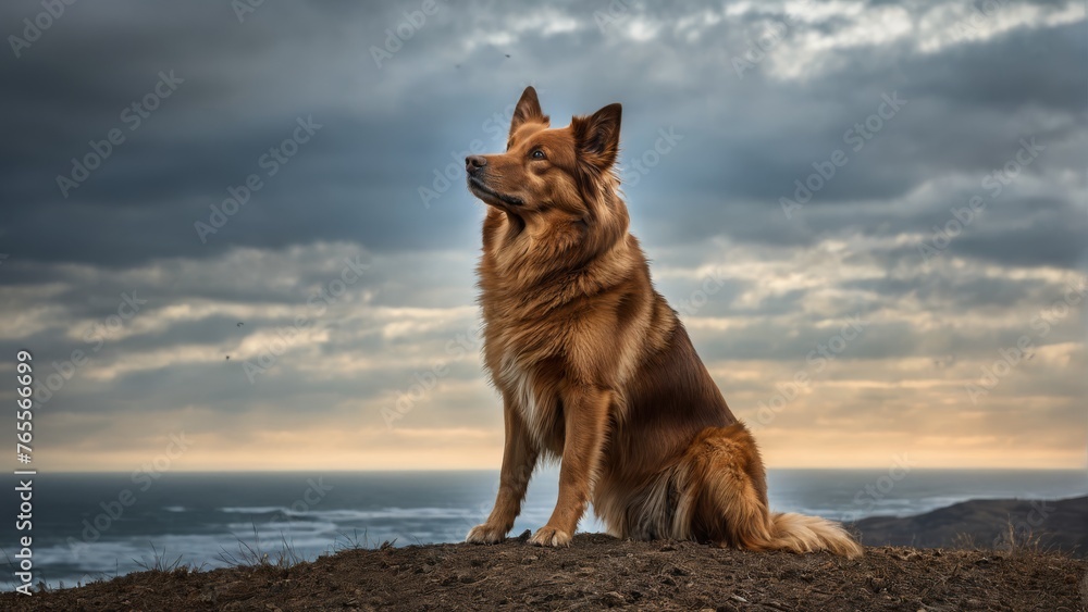  A serene image of a brown-black dog perched atop a hill, overlooking a tranquil body of water beneath a cloudy sky #b - obrazy, fototapety, plakaty 