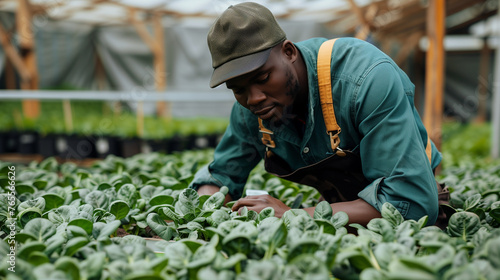 Young African male agroengineer in workwear looking at green spinach seedlings: