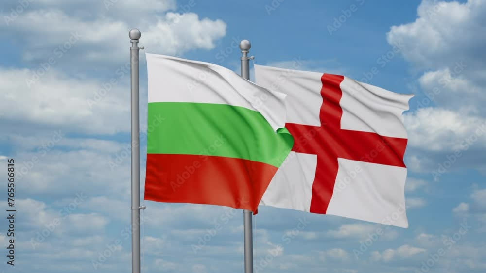 England and Bulgaria two flags waving together, looped video, two country relations concept England and Bulgaria two flags waving together, looped video, two country relations concept