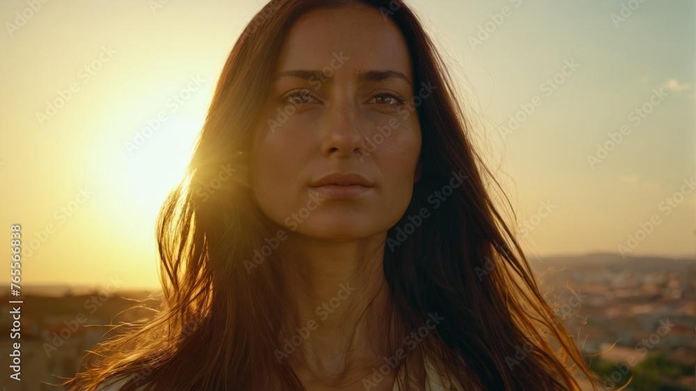 A captivating portrait of a woman with luscious brown locks basking in the golden sunlight against a stunning metropolis backdrop A captivating portrait of a woman with luscious brown locks basking in the golden sunlight against a stunning metropolis backdrop