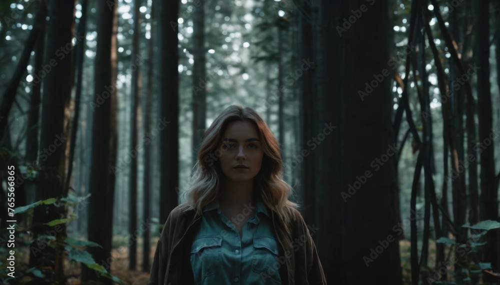 A serious woman stands in a forest, gazing at the camera with an intense expression A serious woman stands in a forest, gazing at the camera with an intense expression