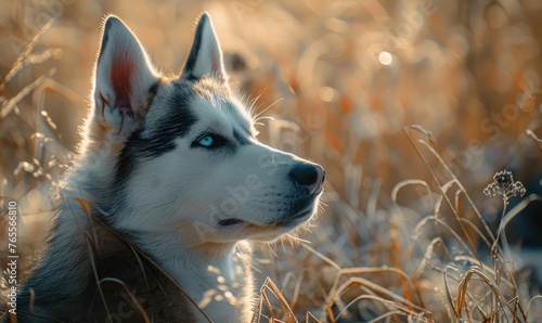 Siberian Husky with stunning blue eyes with fall colors softly blurred behind