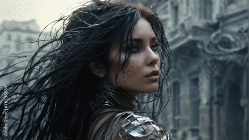  A stunning image of a woman with long, black locks standing in front of a grand, clock-tower adorned skyscraper