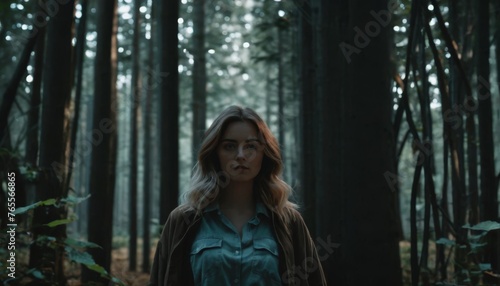  A serious woman stands in a forest, gazing at the camera with an intense expression
