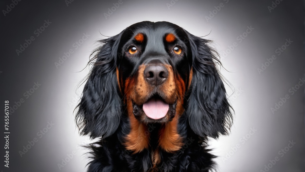 A high-resolution photo captures a detailed view of a dog's face with a striking orange spot in its eyes against a gray background A high-resolution photo captures a detailed view of a dog's face with a striking orange spot in its eyes against a gray background