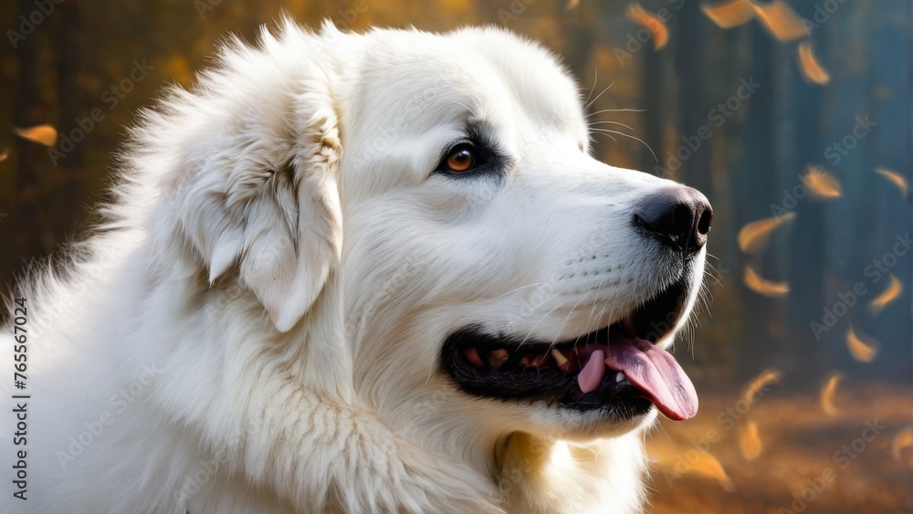 White dog photographed against fly-filled trees White dog photographed against fly-filled trees