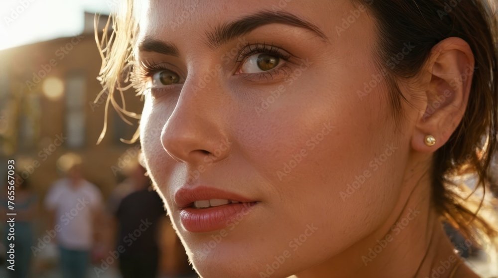 A stunning woman basking in the warmth of the sun surrounded by a lively crowd on a radiant day A stunning woman basking in the warmth of the sun surrounded by a lively crowd on a radiant day