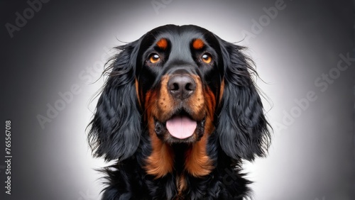  A high-resolution photo captures a detailed view of a dog's face with a striking orange spot in its eyes against a gray background