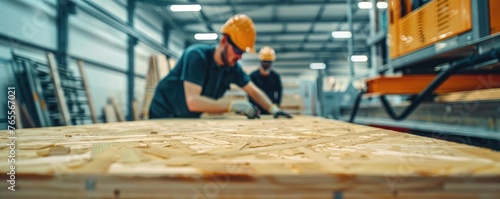 Wallpaper Mural Two carpenters working together in an industrial wood factory, focusing on precision in craftsmanship Torontodigital.ca