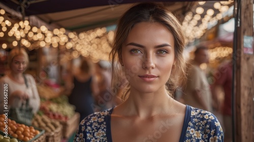  A female stands near a bustling fruit market with vibrant streetlights illuminating the background © Viktor