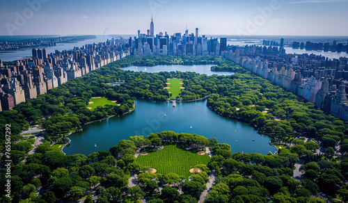 A stunning aerial view of New York City's Central Park, showcasing the iconic trees and greenery with skyscrapers in the background