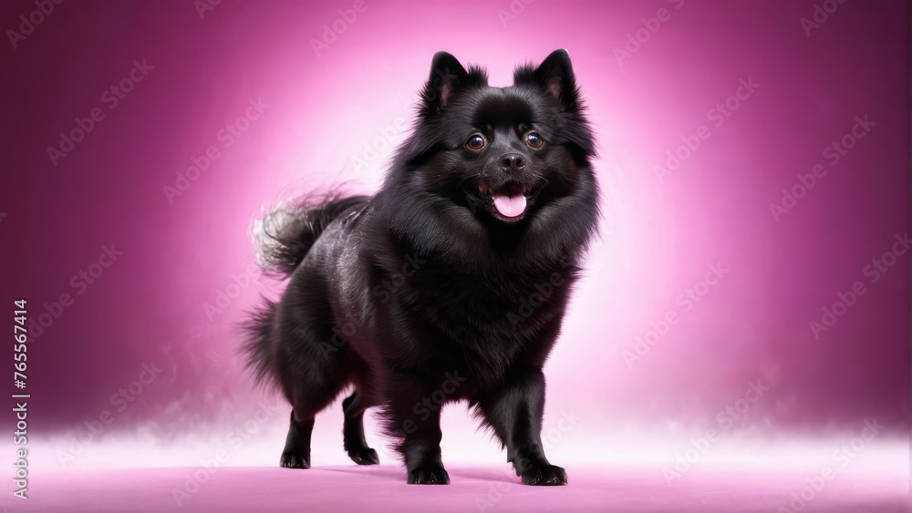 Obraz premium Black dog standing, mouth open, tongue out on pink background text