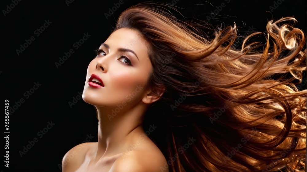 A stunning woman with long flowing hair soars through the air against a dark backdrop, her locks billowing in the breeze A stunning woman with long flowing hair soars through the air against a dark backdrop, her locks billowing in the breeze