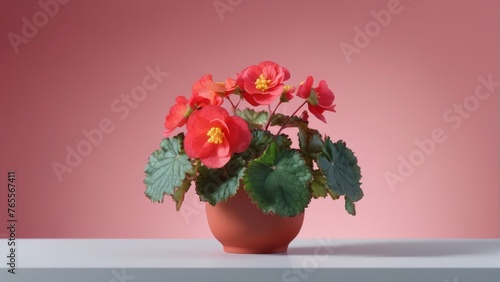 Wallpaper Mural  Red flower potted plant on white table against light pink background for SEO optimization Torontodigital.ca