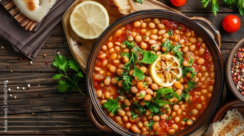 Hot turkish bean stew on wooden background. Ispir beans cooked in a casserole - Kuru Fasulye. Top view  photo