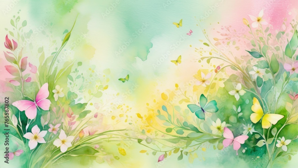 Abstract composition celebrating spring, blend of vibrant greens, pastel pinks, and soft yellows, incorporating symbols of renewal like budding flowers and leaves, bursts of floral patterns