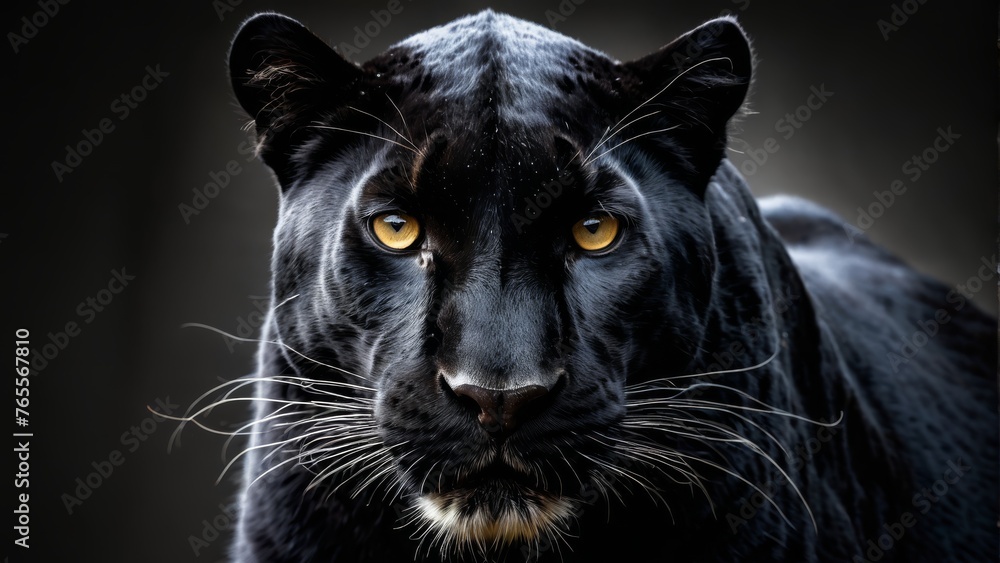  Black Panther close-up, bright yellow eyes, dark background  text