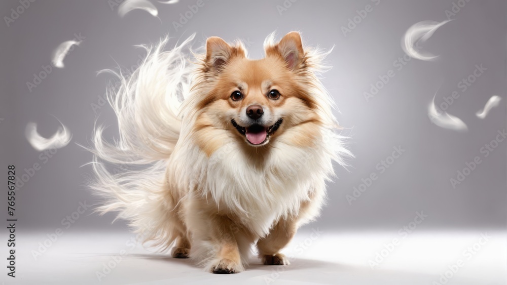  A stunning image of a brown and white dog, captured against a gray backdrop, with graceful white feathers adorning its head