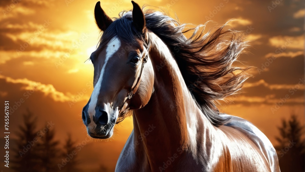 A majestic horse gallops through an open field with its mane billowing in the wind, set against a backdrop of towering trees and a storm A majestic horse gallops through an open field with its mane billowing in the wind, set against a backdrop of towering trees and a storm