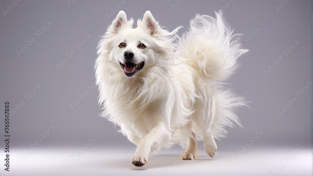 A stunning photo captures a majestic white pooch perched atop a pristine white rug, gazing into the distance with a content expression against a soothing grey backdrop A stunning photo captures a majestic white pooch perched atop a pristine white rug, gazing into the distance with a content expression against a soothing grey backdrop