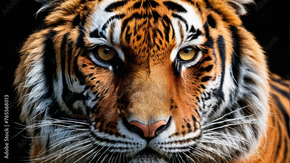  A stunning close-up of a majestic tiger's face on a dark background, captured in sharp detail