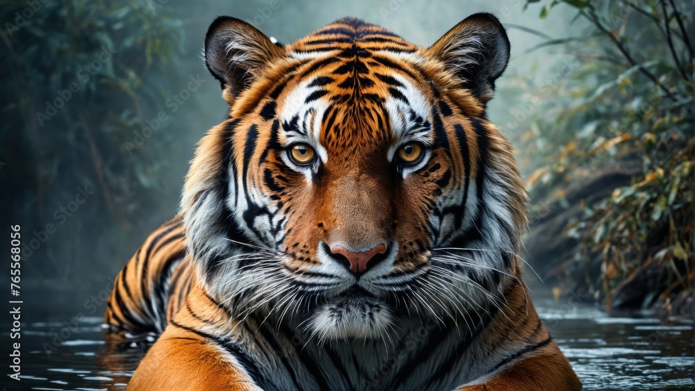 Tiger in Water with Trees and Fog Background Tiger in Water with Trees and Fog Background