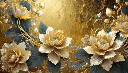 a breathtaking 3D mural illustration of vibrant flowers blooming against a resplendent golden background, meticulously rendered with intricate details and lifelike textures, transforming any wall into