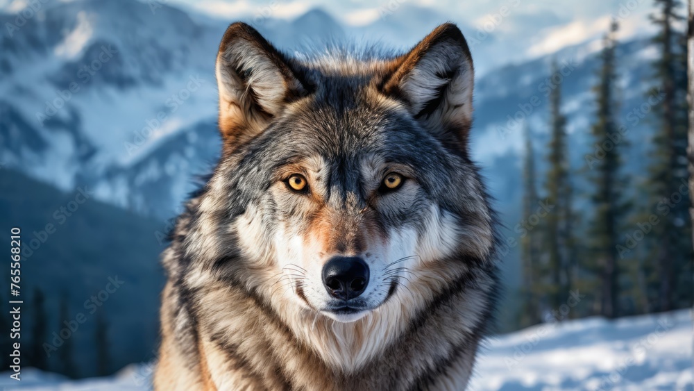  Wolf standing in snow, surrounded by majestic mountains and towering trees in the background