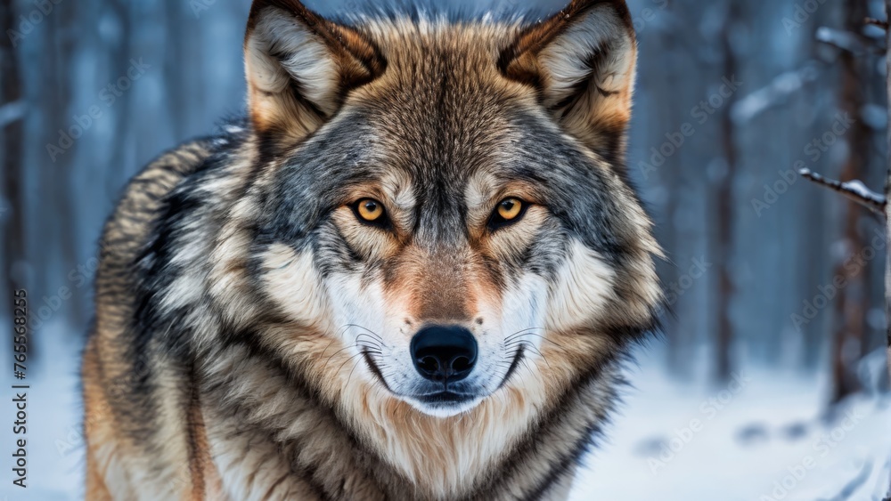 A majestic wolf stands in the snow, surrounded by towering trees and blanketed terrain A majestic wolf stands in the snow, surrounded by towering trees and blanketed terrain