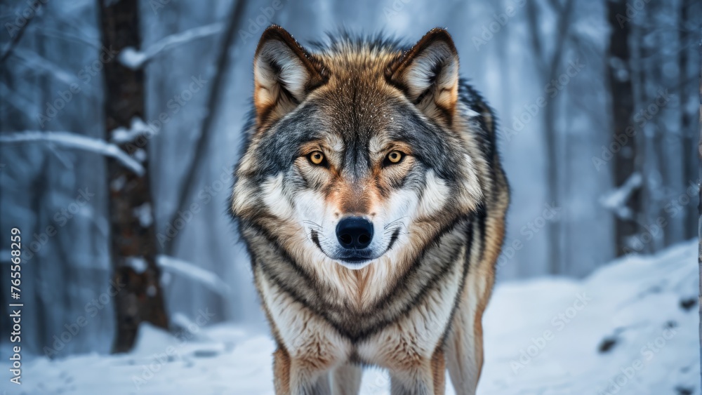  Wolf in snowy forest landscape  description