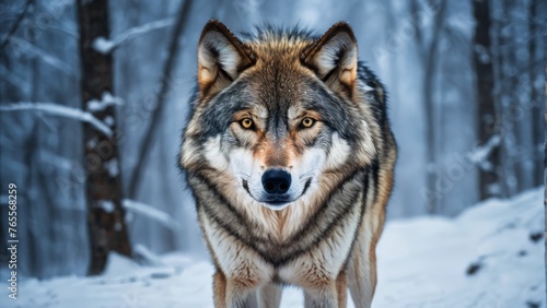 Wolf in snowy forest landscape  description