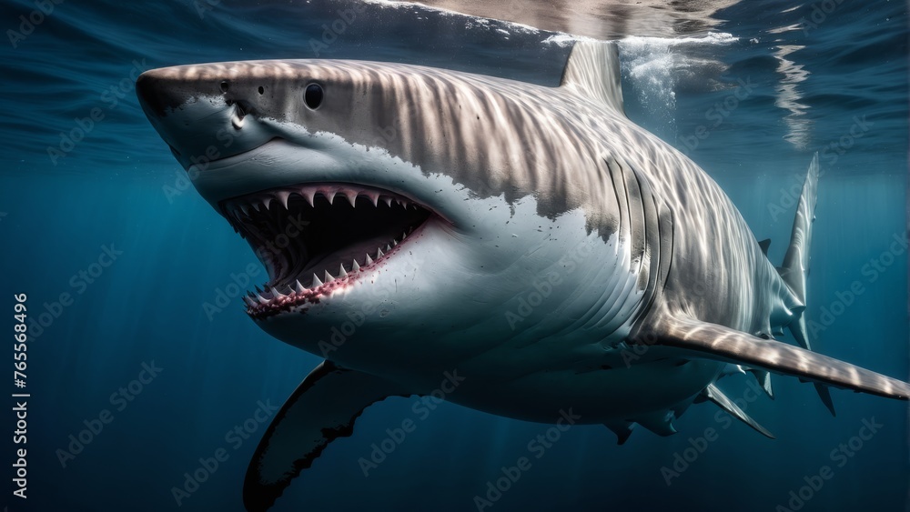 Fototapeta premium A stunning, illuminated shark shot from above with a wide-open mouth in crystal clear water