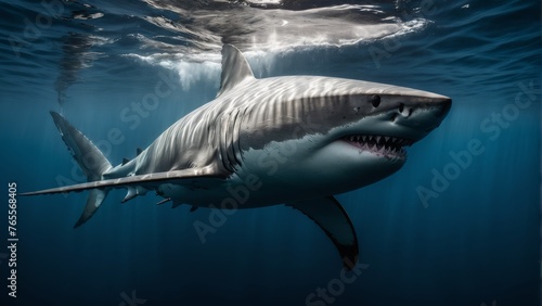  A majestic Great White Shark gracefully glides beneath the waves, its cavernous maw agape