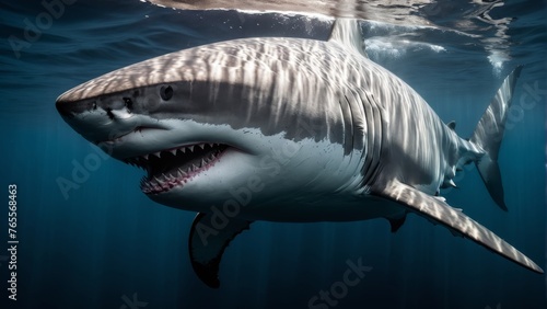  An incredible sight, a majestic great white shark effortlessly glides beneath the water's surface, its jaws agape and razor-sharp teeth on full display
