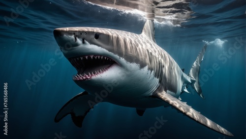  A majestic Great White Shark, mouth agape, glides through azure oceans under a radiant side-light