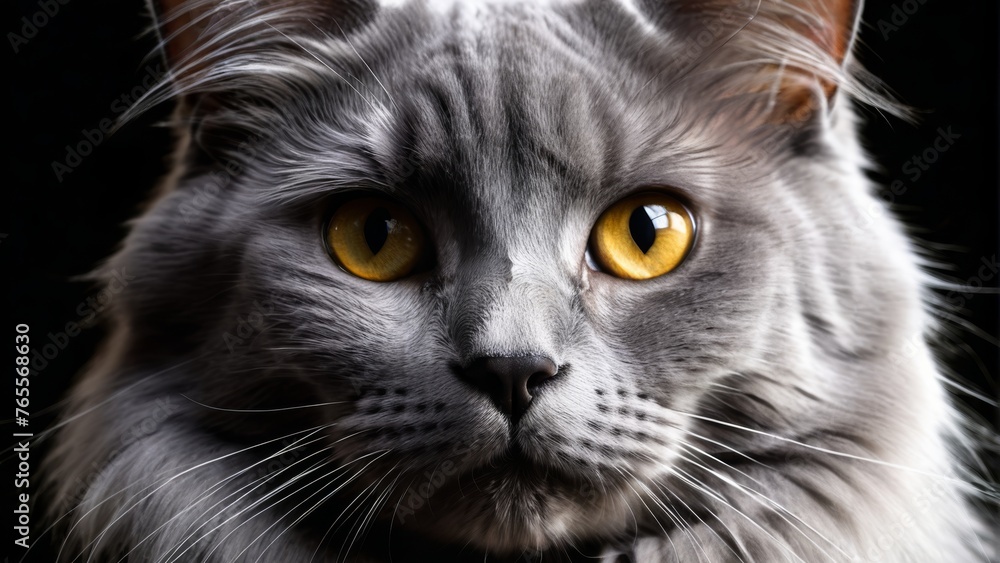 A gray and white cat, with serious expression and yellow eyes, gazes into the camera A gray and white cat, with serious expression and yellow eyes, gazes into the camera