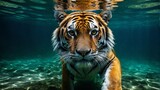  A captivating close-up of a majestic tiger, elegantly posed by water, illuminated by a reflective surface