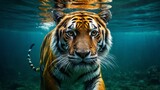  A stunning tiger in a body of water captures a fish with a fish in its mouth while another animal can be seen in the background