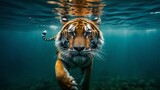  Tiger Underwater Close-up, Serene Body of Water in Foreground and Background