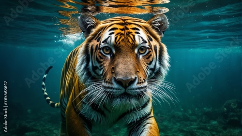  A stunning tiger in a body of water captures a fish with a fish in its mouth while another animal can be seen in the background